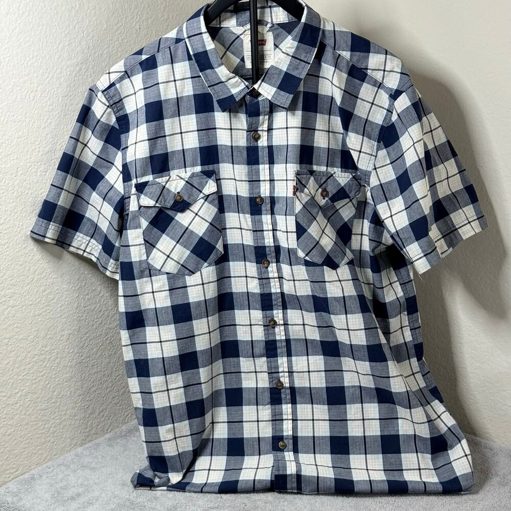 Levi's Plaid Button Up Shirt Men XL Short Sleeve Blue White Check Casual Western